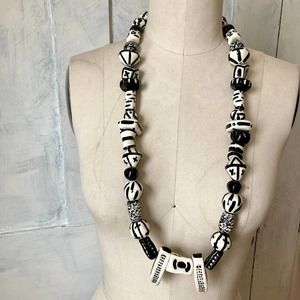 Handmade ceramic glazed necklace boho hippie beads black white chunky 16” long